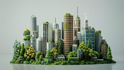 A miniature cityscape model featuring detailed skyscrapers and greenery, representing an urban environment possibly for architectural, urban planning, or entertainment purposes.