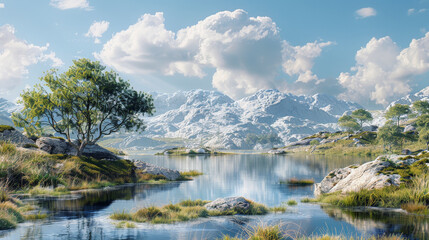 A tranquil landscape featuring a mirror-like lake, scattered boulders, a lone tree, and snow-capped mountains under a partly cloudy sky.