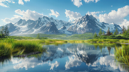 A serene digital landscape featuring a reflective mountain lake, surrounded by lush grasses and majestic snow-capped peaks under a clear blue sky.