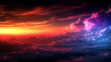 A Wide-Format Depiction of Hope and Divine Beauty: Vivid Sunset Above Clouds. Concept Sunset Photography, Cloudscape Art, Hopeful Imagery, Divine Beauty, Wide-Format Depiction
