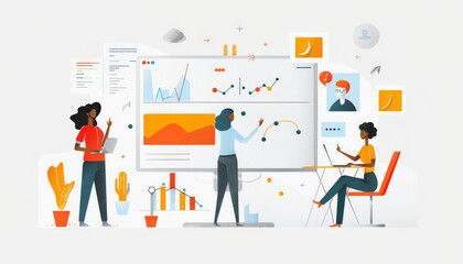 Illustration of a diverse team engaging in data analysis and presentation with various charts and interactive elements, promoting collaboration and strategic business planning.