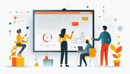 Illustration of a diverse team engaging in a collaborative work environment, analyzing data and strategizing with digital analytics displayed on a large screen.