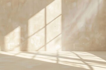 Abstract light beige wall, intricate interplays of light and shadow from the window.