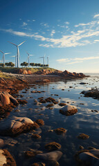 Fototapeta premium Beach With Rocks and Windmills. Generative AI