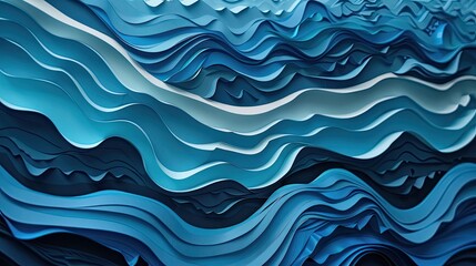 Abstract papercut of a tidal energy installation, with waves crafted from layered blue paper demonstrating motion.