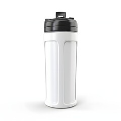 A pristine protein shake bottle against a white backdrop ready to prepare a post-workout nutritional drink