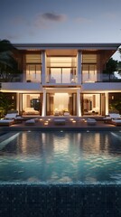 Elegant modern residence with a reflective pool enhancing the luxurious feel of the property at twilight