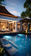 An inviting exotic villa with a pool illuminated by the warm evening light, emphasizing relaxation and luxury