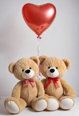 A couple teddy bears and red heart balloons