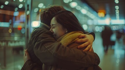 Two people are seen in a warm embrace at an airport terminal, indicating a heartfelt greeting or farewell