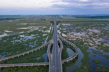 Fototapeta premium Aerial photography of Longfeng Wetland Bridge in Daqing City, Heilongjiang Province