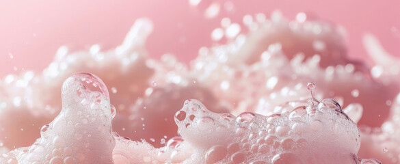 Close-up of soap foam on a light background. Bubbles of foam from soap, shampoo or detergent on a light pastel background. A realistic image with a place to copy.