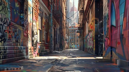 Fototapeta premium Bring the street to life with a rear view of a graffiti-tagged alleyway
