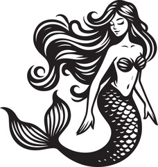 Mermaid vector silhouette Illustration. Silhouette of swimming mermaids, mermaid tail, shells and starfish vector illustration.