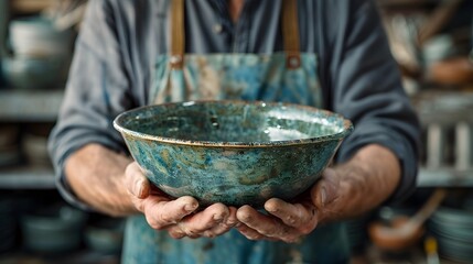 Professional potter holding a beautifully crafted ceramic bowl - Powered by Adobe