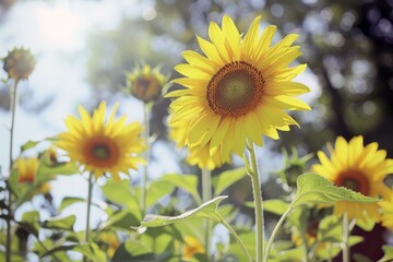 Obraz premium Field of sunflowers swaying gently in the breeze, their bright yellow petals turned towards the sun