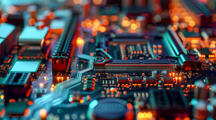 A close-up of a computer motherboard, with circuitry and wires intricately arranged