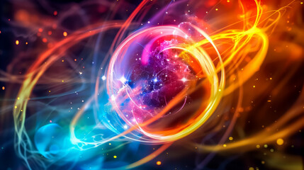 Obraz premium A close-up of a swirling atom with vibrant colors and energy