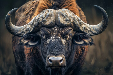 Naklejka premium A close-up of a majestic buffalo, its thick fur and powerful horns captured in stunning detail