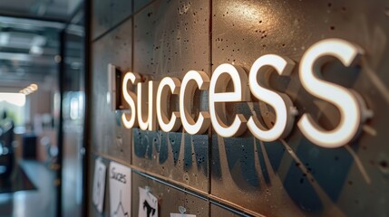 motivational office decor, bold white letters on glass wall display word success, a motivating...