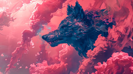 A detailed illustration of a werewolf in stay mode among floating coral pink shapes