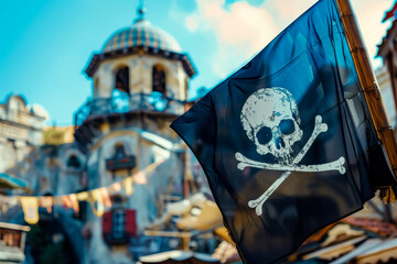 A detailed close-up of a pirate flag flying high against a backdrop of middle Byzantine structures - Powered by Adobe