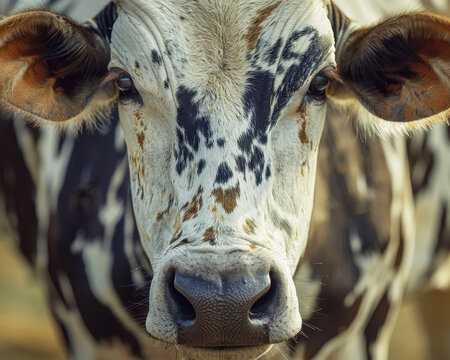 A detailed close-up of a zebu, emphasizing its distinctive markings and features