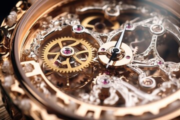 Detailed close up of exquisite and luxurious high end wristwatch on elegant watch background