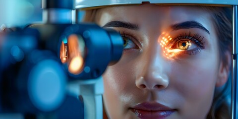 Woman receiving a slit lamp eye exam at an ophthalmologist's office. Concept Eye Exam,...