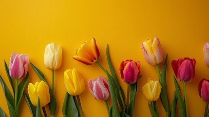 Vibrant Tulip Blooms Against Yellow Background