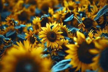 Fototapeta premium Field of sunflowers swaying gently in the breeze, their bright yellow petals turned towards the sun