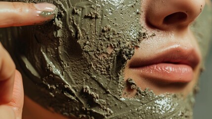 Close-up of a person applying a mud mask, with details of the texture and natural ingredients visible.