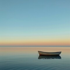 A calm sea at twilight, with a small boat floating gently on the water.