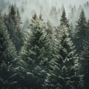 A frost-covered pine forest in the middle of winter, with snow gently falling.