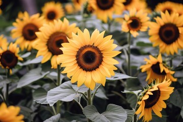 Fototapeta premium Field of sunflowers swaying gently in the breeze, their bright yellow petals turned towards the sun
