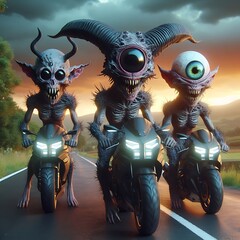 Drei Alien auf ihren Motorrädern auf der Landstrasse - obrazy, fototapety, plakaty