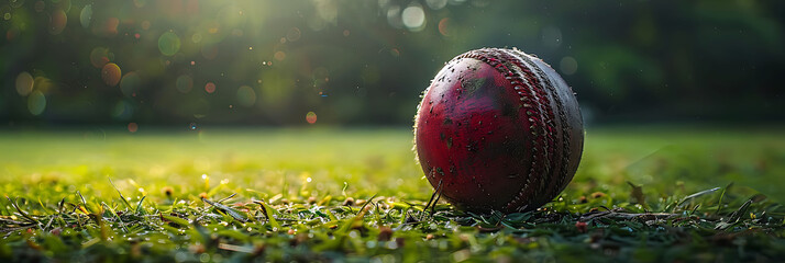 A srudio shot of Cricket Ball, against Pitch as background, hyperrealistic sports accessory...