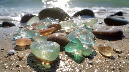 Fototapeta na wymiar An assortment of glossy sea glass pieces and pebbles, wet from the ocean's spray, sparkling under the high noon sun on a secluded beach, creating a jewel-like effect on the sand.