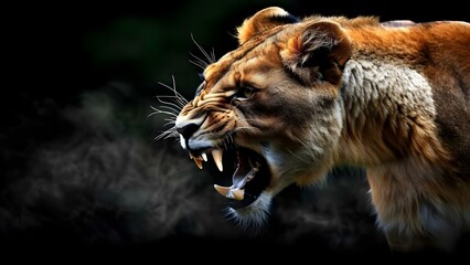 Aggressive female lion displaying teeth and advancing towards adversary on dark backdrop. Concept Lioness aggression, Wildlife confrontation, Dark background, Wild animal behavior