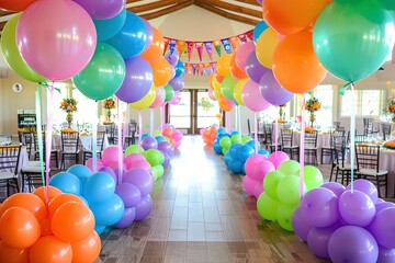 Colorful balloons for birthday party in the hall of a country house