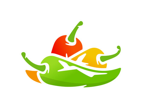 Green, yellow and red chili pepper logo design. Spicy chili pepper graphic design