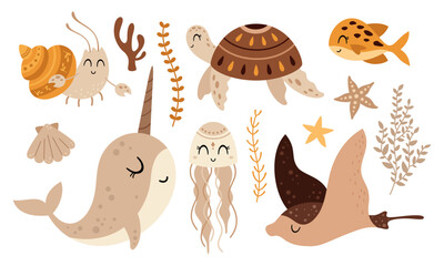 Sea animals clipart with narwhal, turtle, crayfish, fish, jellyfish, starfish, shell, seaweed. Ocean clipart in cartoon flat style. Hand drawn vector illustration