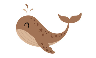 Boho whale clipart in cartoon flat style. Sea animal clipart. Ocean clipart . Hand drawn vector illustration