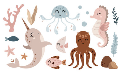 Sea animals clipart with narwhal, fish, octopus, jellyfish, seaweed. Ocean clipart in cartoon flat style. Hand drawn vector illustration