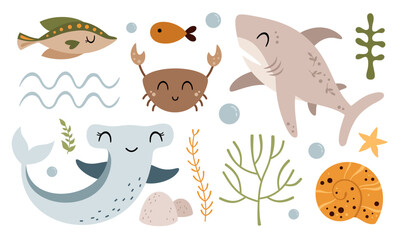 Sea animals clipart with shark, hammerhead, fish, crab, shell, seaweed. Ocean clipart in cartoon flat style. Hand drawn vector illustration