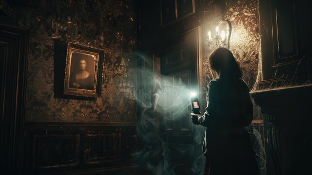 A paranormal investigator with a flashlight and an EMF reader exploring a dimly lit haunted mansion, old portraits on the walls, cobwebs in the corners