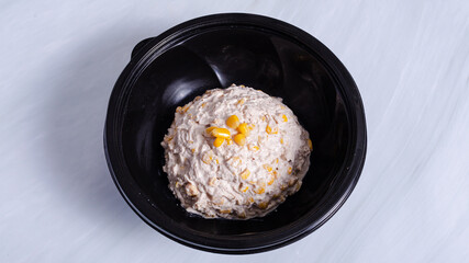 Olivier salad bowl top view isolated
