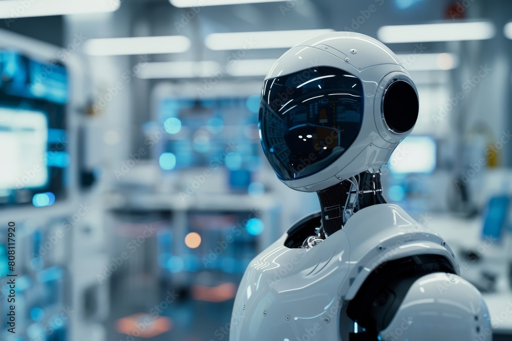 Poster a futuristic android seen from behind is connected to a global internet network, symbolizing advance