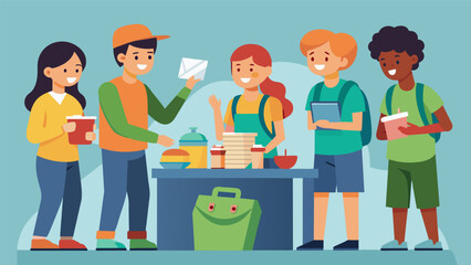 Fototapeta premium A group of teenagers huddled around a vendors table eagerly buying into the idea of a supposed global catastrophe and purchasing useless survival.