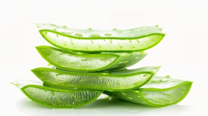 Several Aloe vera leaves stacked neatly, their thick, juicy texture highlighted against a pure white backdrop